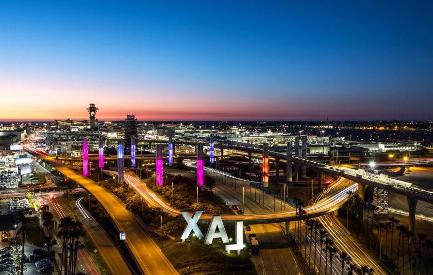 Los Angeles, California, USA - April 7, 2024: Overview of the Los Angeles International Airport. Captured from above after sunset.